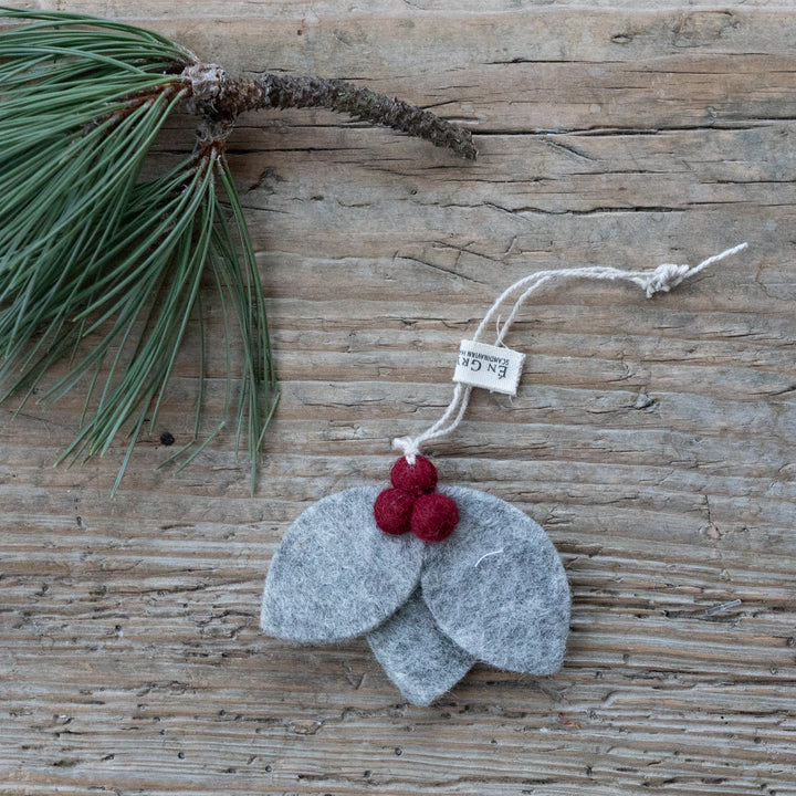 Hand Felted Grey Leaves with Red Berries Ornament