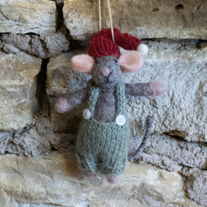 Hand Felted Grey Mouse with Overalls Ornament
