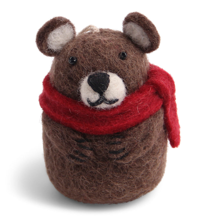 Hand Felted Brown Bear with Scarf Ornament
