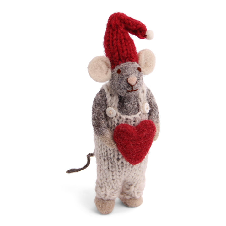 Hand Felted Grey Mouse with Heart Ornament