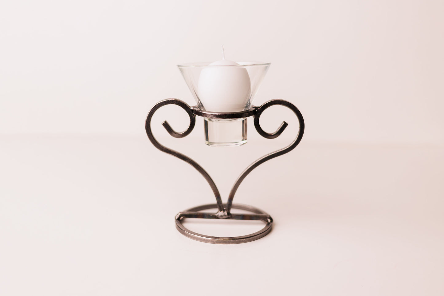 Iron Candleholder Wide Heart w/ "Leif" w/glass cup