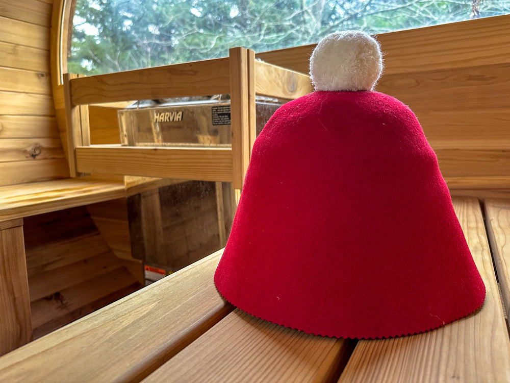 Wool SAUNTA Hat  - Dark Red with white wool pom