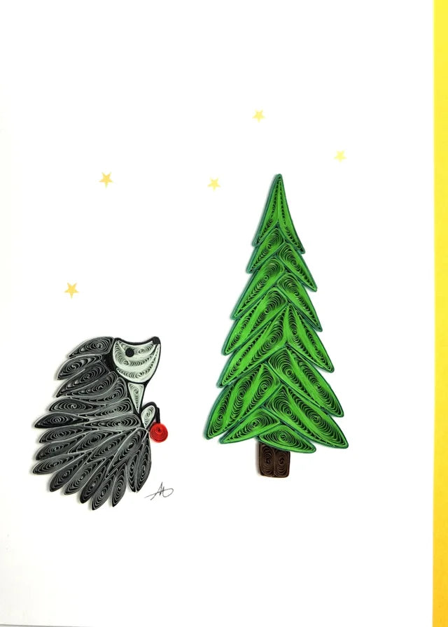 Hedgehog with Tree Holiday Hand Rolled Card