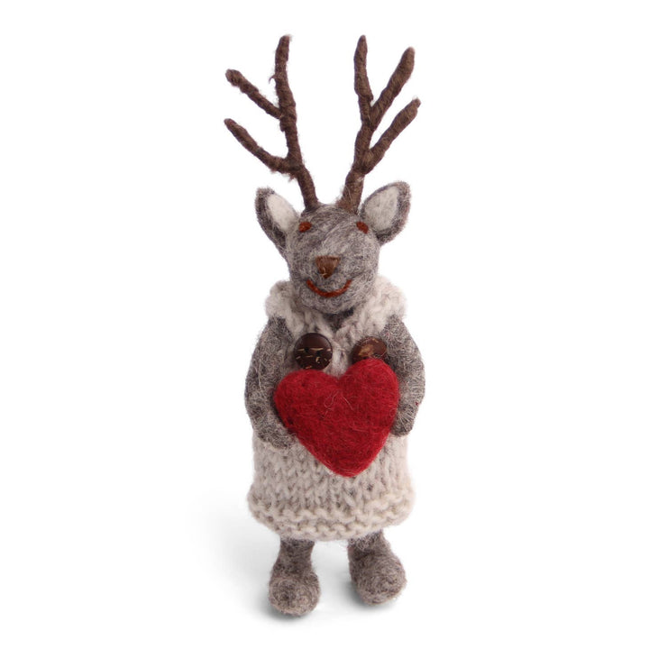 Hand Felted Grey Girly Deer With Heart Ornament