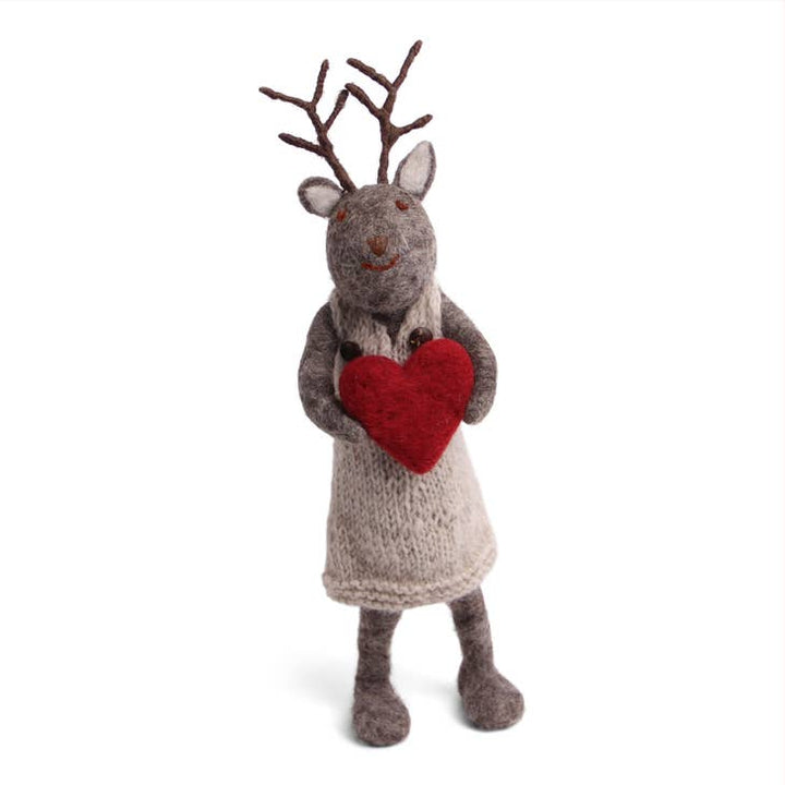 Hand Felted Big Grey Girly Deer with Heart