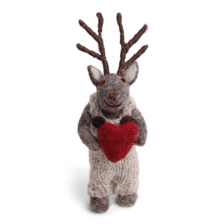 Hand Felted Grey Boy Deer With Heart Ornament