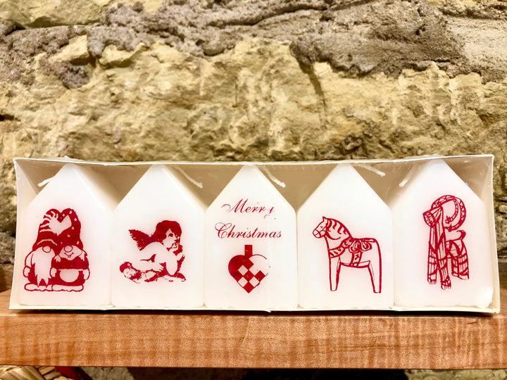 House Candles with Red Holiday Designs