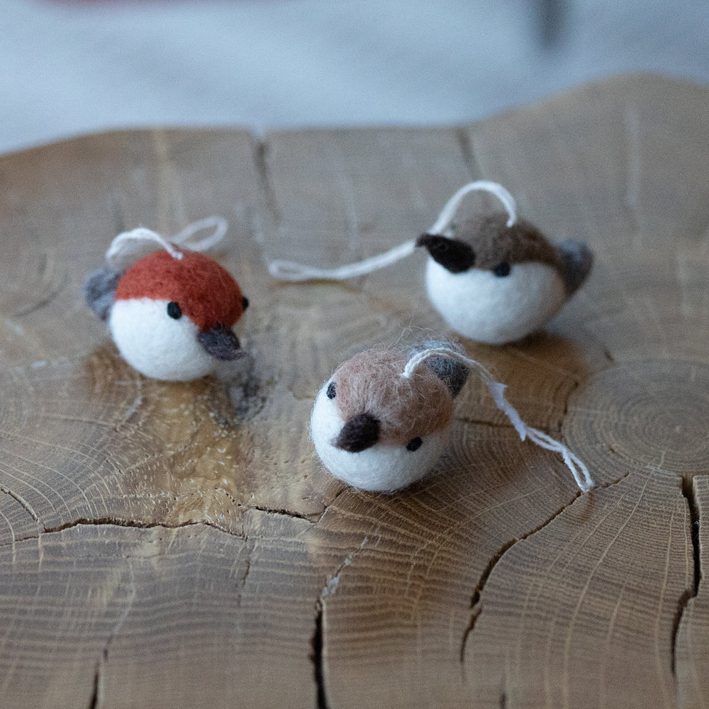 Hand Felted Brown Bird Set Ornaments