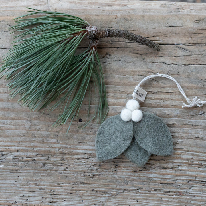 Hand Felted Dusty Green Leaves with White Berries Ornament