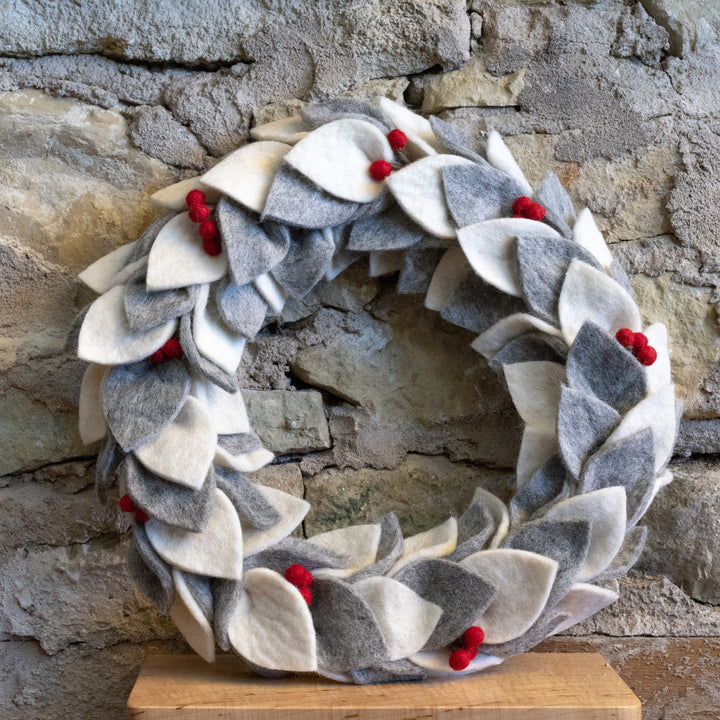 SALE! Hand Felted Large White/Grey Wreath
