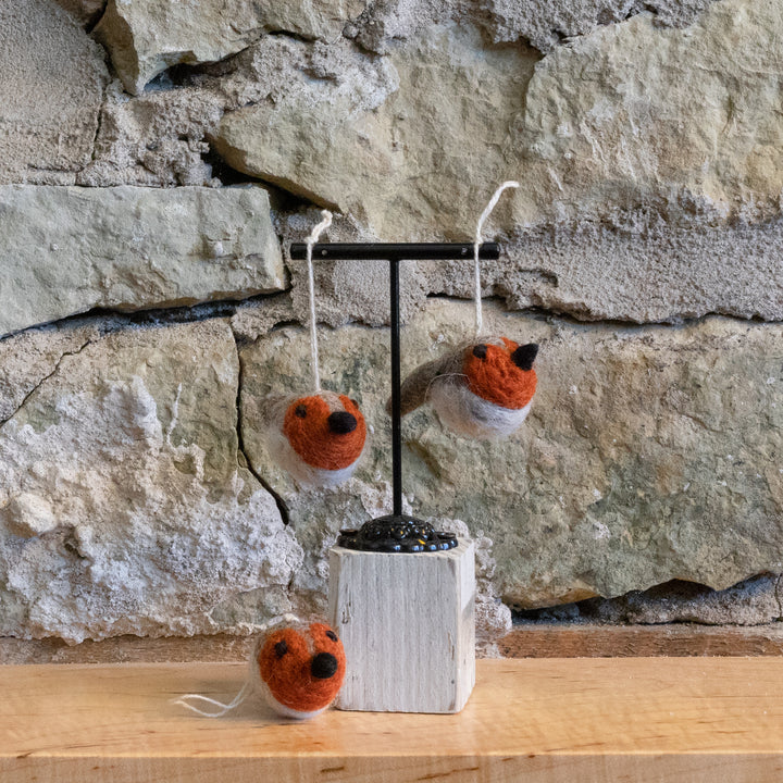 Hand Felted Mini Round Bird Ornament Set of 3