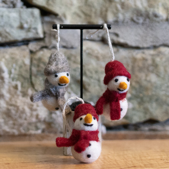 Hand Felted Mini Snowmen Ornament Set of 3