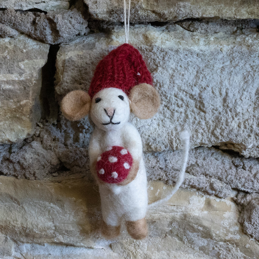 Hand Felted White Mouse with Mushroom Ornament