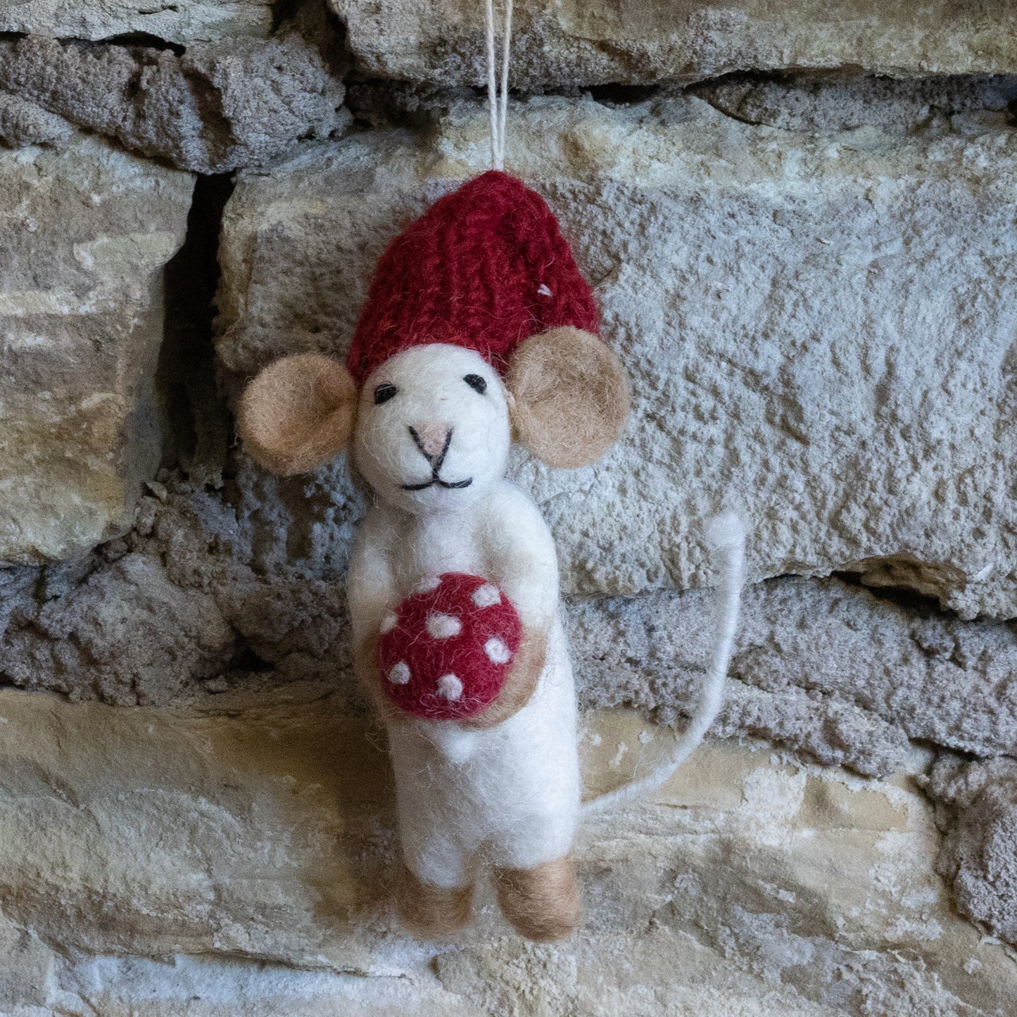 Hand Felted White Mouse with Mushroom Ornament