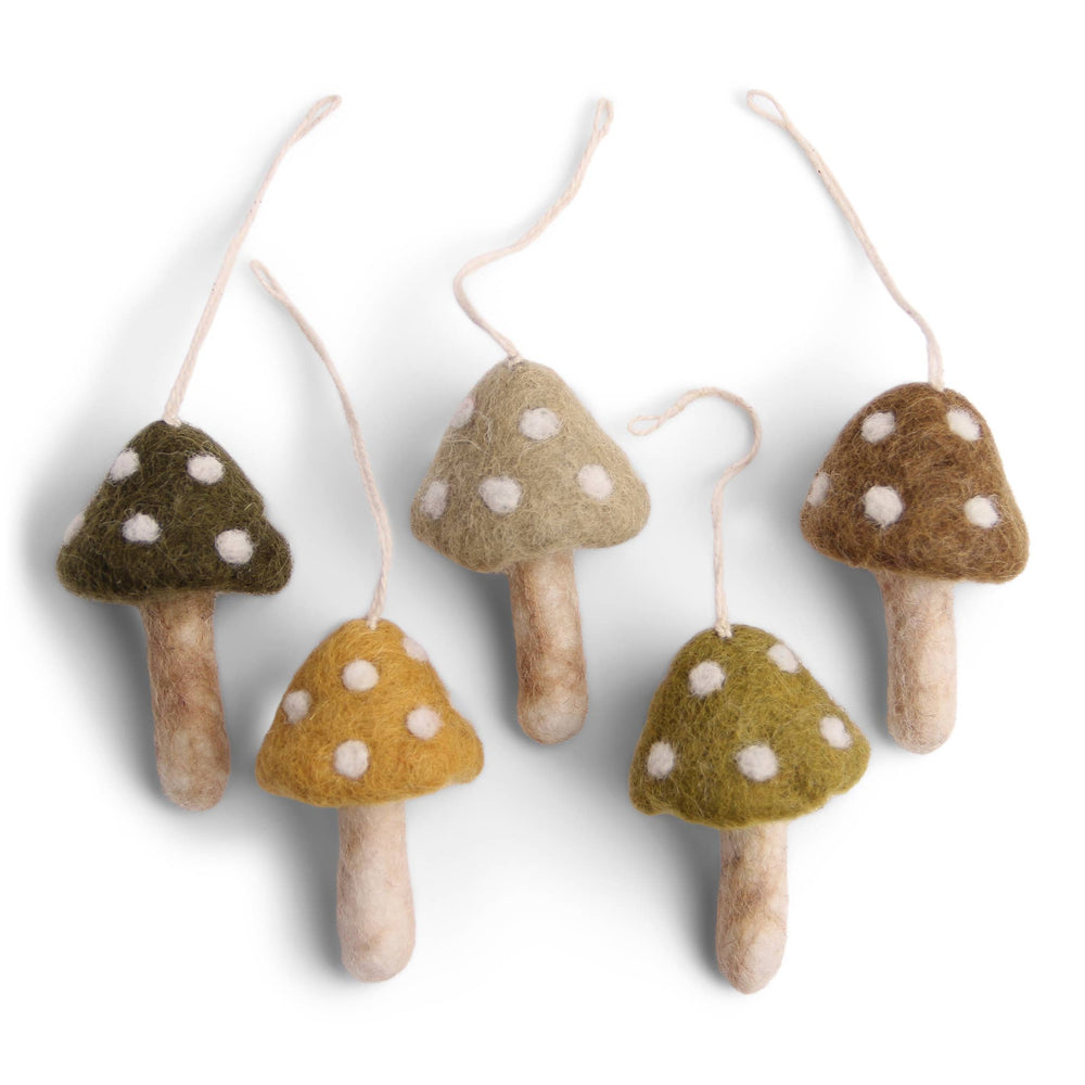 Hand Felted Green Mushroom Ornament Set of 5