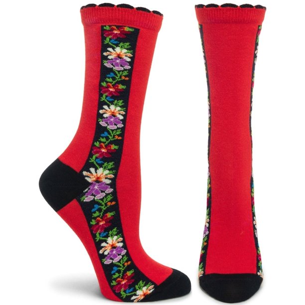 Nordic Floral Stripe Red Socks